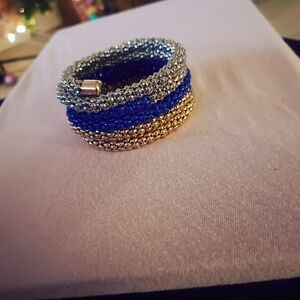 Elegant Silver, Blue, and Gold Beaded Bracelet